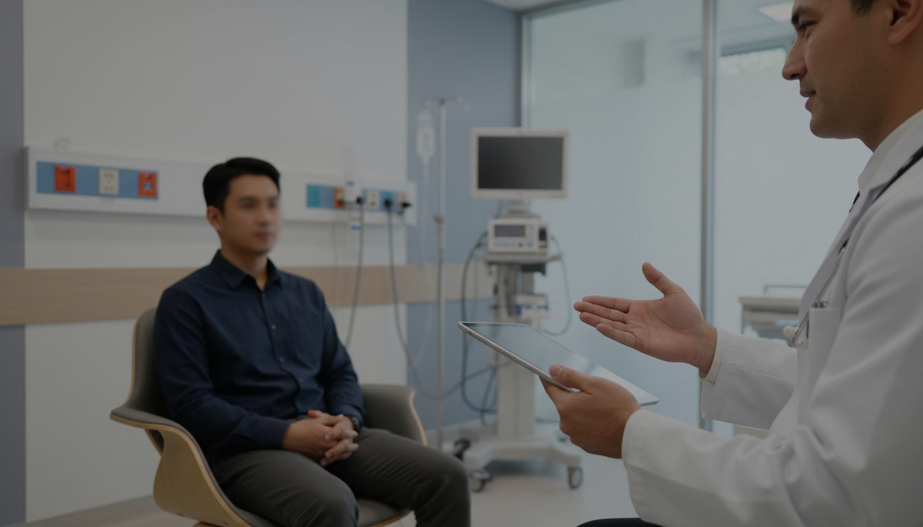 Medic vorbind calm cu un pacient într-o clinică privată, înainte de începerea tratamentului pentru alcoolism
