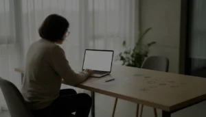 Persoană completând anonim o cerere de autoexcludere de la jocuri de noroc pe laptop, într-un mediu calm și discret