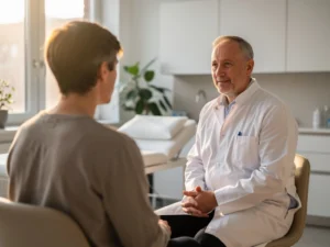 Medic în cabinet discutând calm cu un pacient, într-un cadru clinic luminos – imagine principală pentru ghidul despre dependența de droguri.