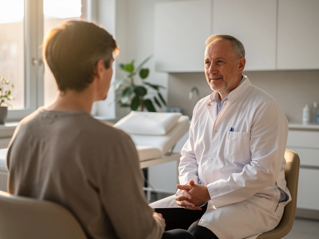 Medic în cabinet discutând calm cu un pacient, într-un cadru clinic luminos – imagine principală pentru ghidul despre dependența de droguri.