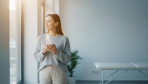 Persoană lângă o fereastră, într-un spațiu luminos, într-o atmosferă calmă – imagine pentru un ghid despre tabagism cronic și renunțarea la fumat.