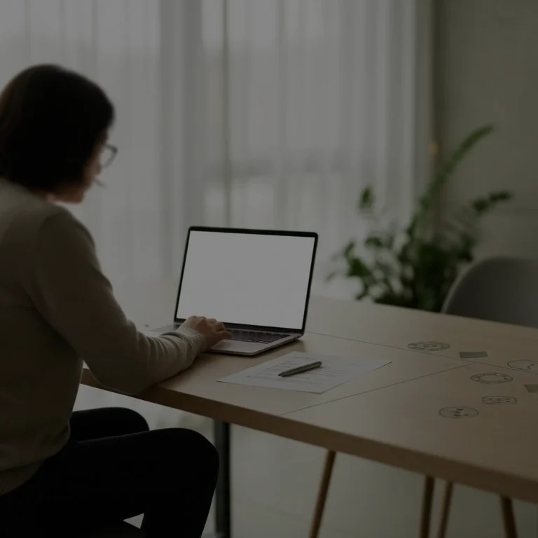 Persoană completând anonim o cerere de autoexcludere de la jocuri de noroc pe laptop, într-un mediu calm și discret