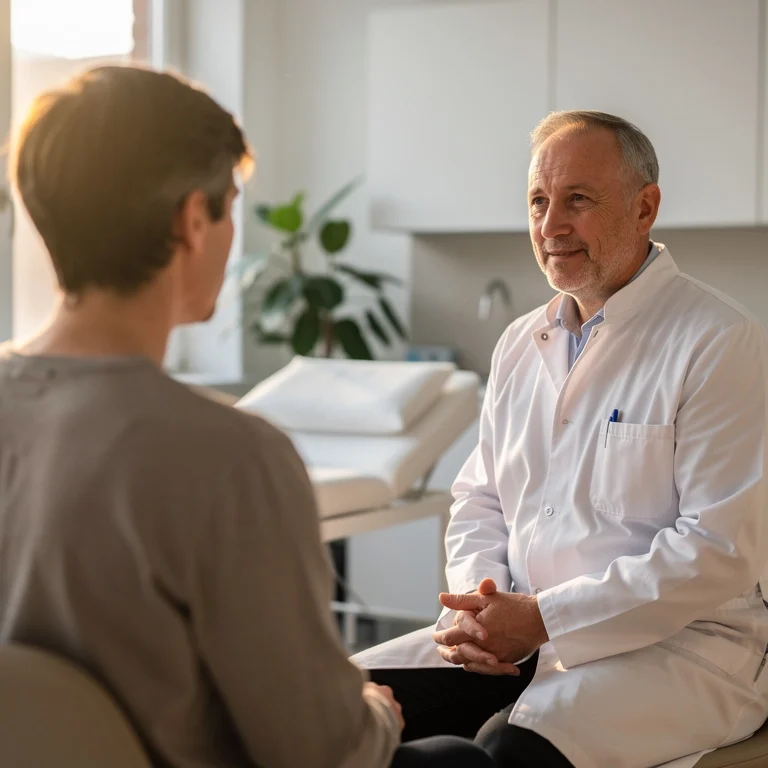 Medic în cabinet discutând calm cu un pacient, într-un cadru clinic luminos – imagine principală pentru ghidul despre dependența de droguri.